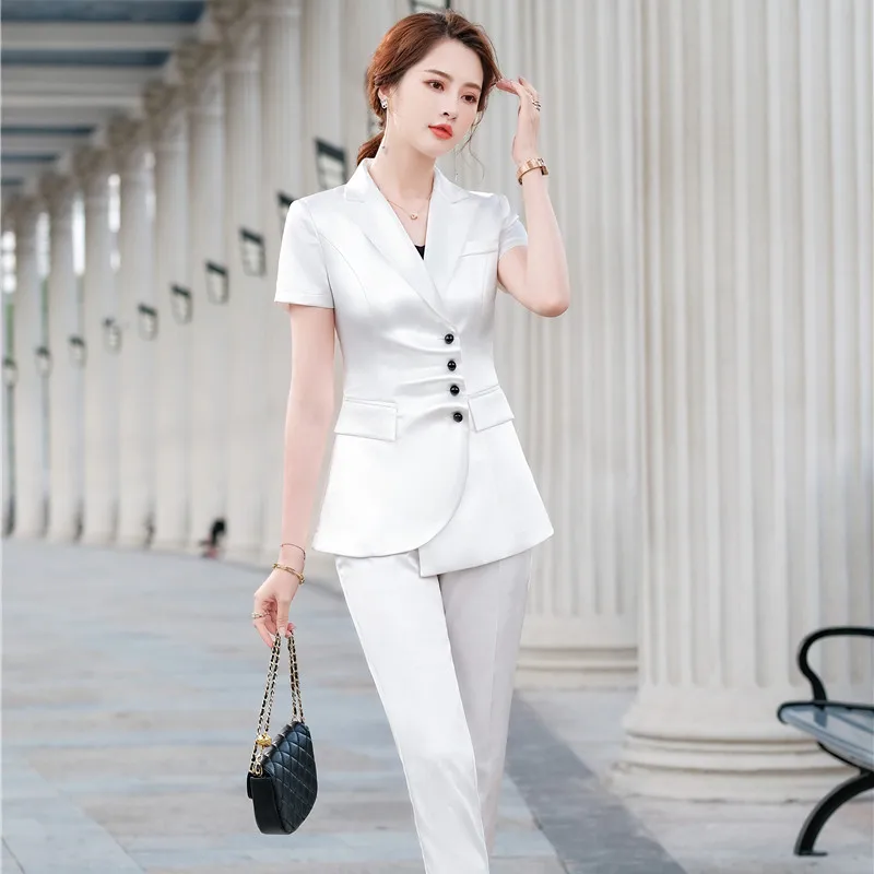

Slim Women's Business Suit Spring Summer 2021 Fashion Elegant Short Sleeve White Blazer Pant Suit Blue Asymmetrical 2 Piece Set