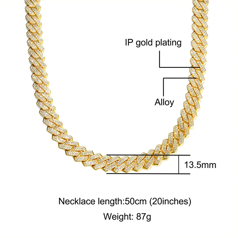 

European and American New 14mm Bar Cuban Chain Men's Necklace Gold-plated Full Diamond Rapper Hip-hop Male Choker Jewelry