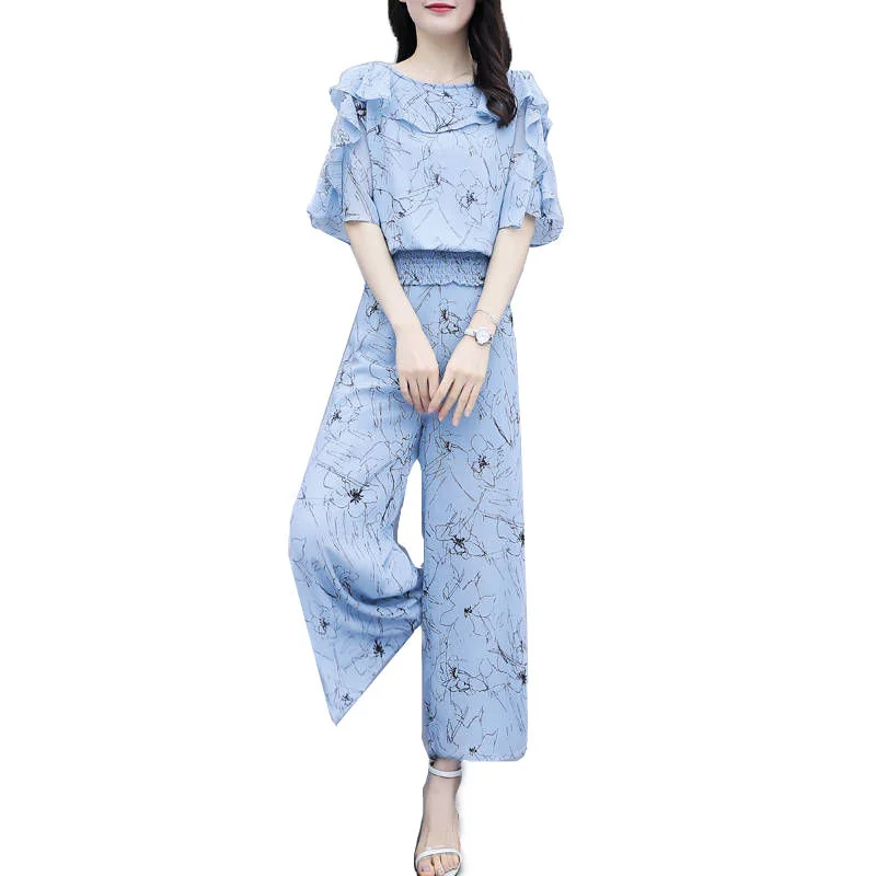 

Women's Dress Suit Summer New Petal Sleeve Elastic Tight Waist Blue Floral Blouse Slim Casual Wide-Leg Trousers Suits Plus Size