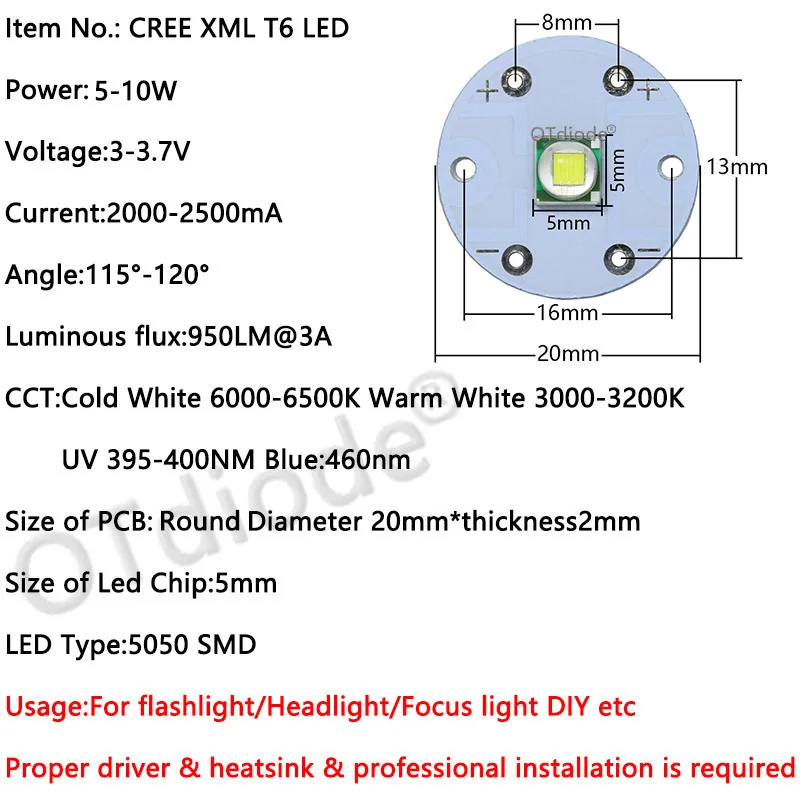 CREE XML2 XML T6 U2 LED Diode SMD5050 10W Round 20mm PCB for Flashlight Car light Headlight High Power Bulb bead DIY Parts