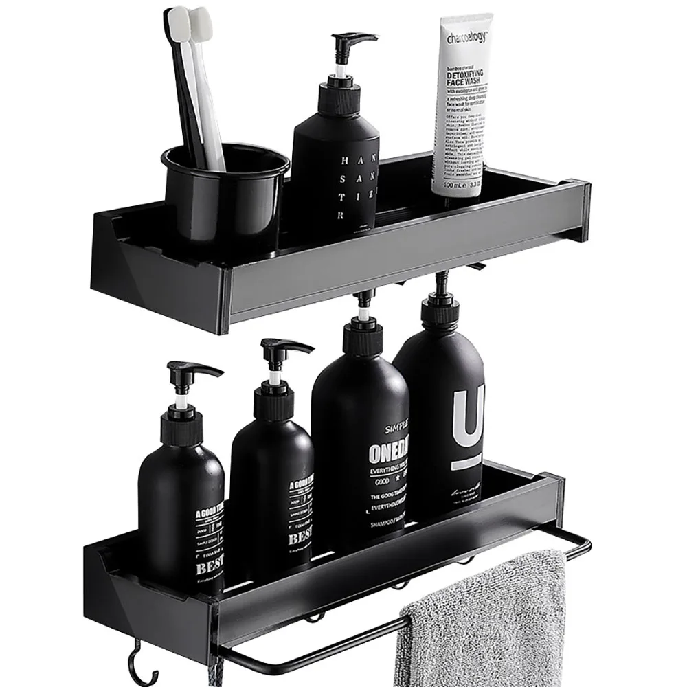 

Punch-Free Bathroom Accessories Single And Double Layer Towel Holder With Hook Space Aluminum Kitchen Shelf Rack Wall-Mounted