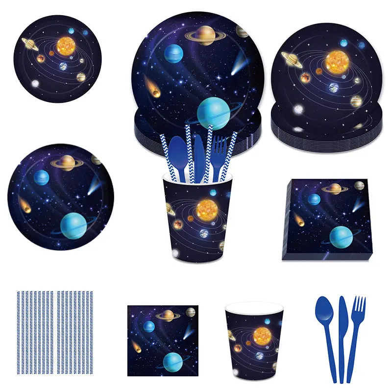 

Одноразовая посуда для вечевечерние с космосом и планетой, салфетки, чашки для астронавта, товары для вечеринки на день рождения, Новое пост...