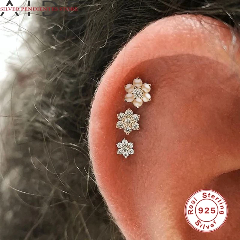 

AIDE 925 Sterling Silver Crystals Flowers Circle Stud Earrings For Women Colorful Pearls Piercing Earrings Pendientes Mujer