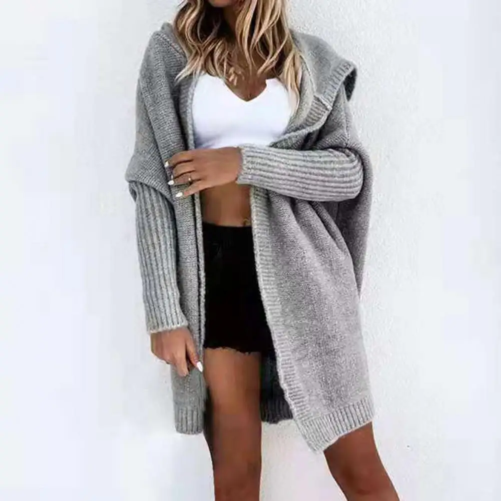 

New Long Knitted Cardigan Women Tops Batwing Sleeve Autumn Winter Oversized Jumper Hooded Open Front Sweater Outerwear Clothes