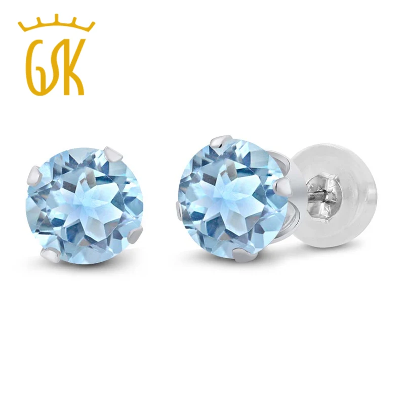 GemStoneKing 2 39 Ct круглые 6 мм Небесно Голубой топаз классические серьги гвоздики для