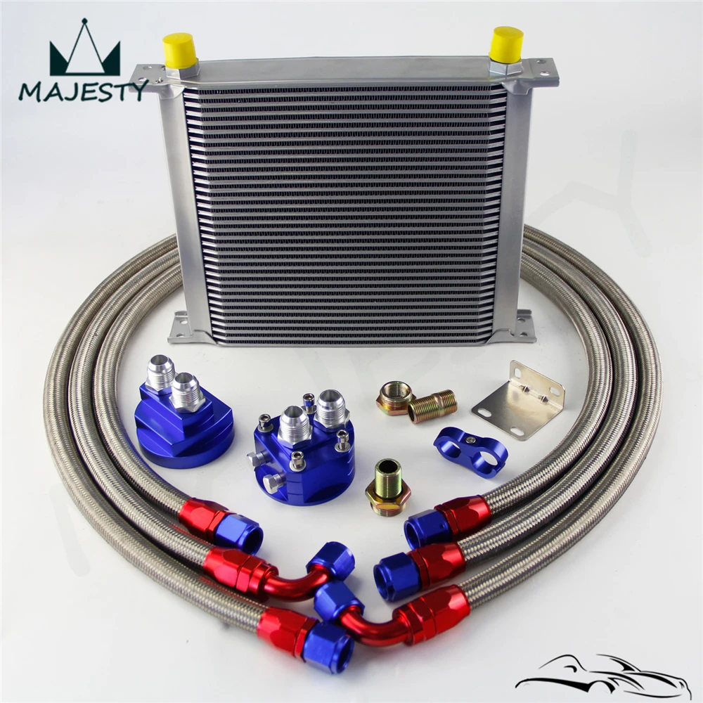 

34 Row 248mm AN10 Universal Engine Transmission Oil Cooler British Type + Filter Adapter Kit Blue/Black