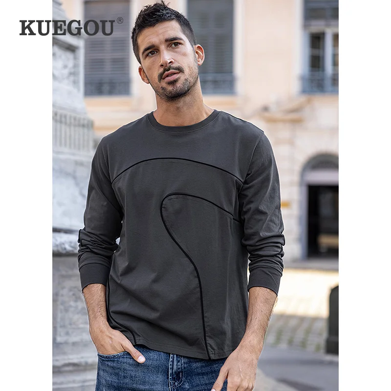 

KUEGOU 2022 Spring 100% Cotton Plain Gray T Shirt Men Slim Tshirt Brand Long Sleeve T-Shirt Male Wear Plus Size Tee Tops 60016