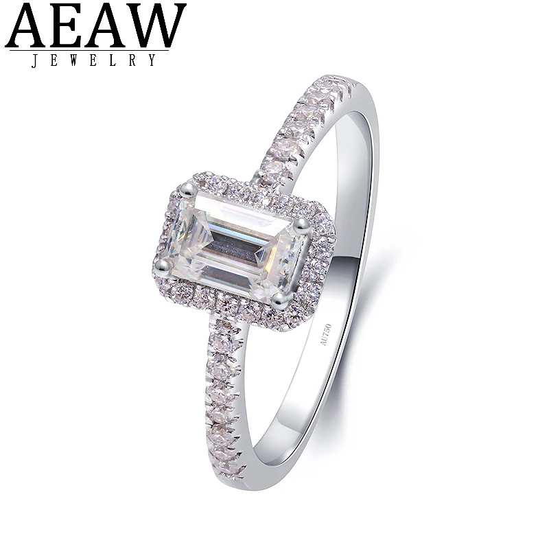 

14K White Gold 0.6ct 4x6mm Emerald Cut Halo Moissanite Engagement Ring for Women Aniversary Gift