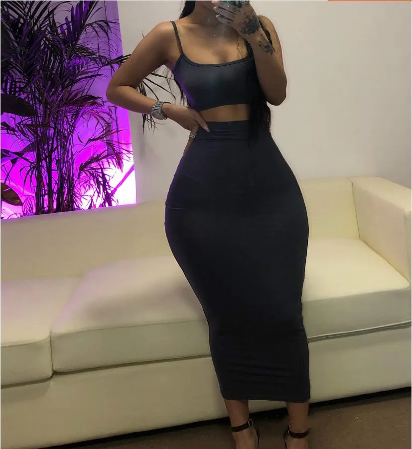 Женский комплект из двух предметов однотонный короткий топ и юбка-миди