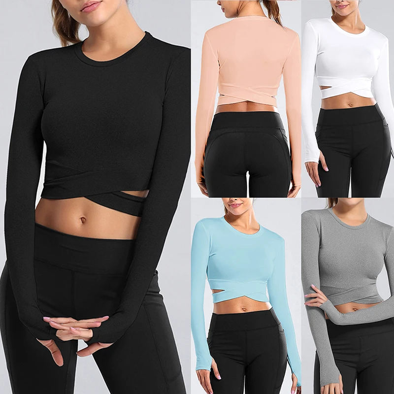 

Sexy Yoga T-shirts Women Long Sleeve Running Quick Dry Fitness Gym Crop Tops Solid Sports Shirts Female Dance Workout