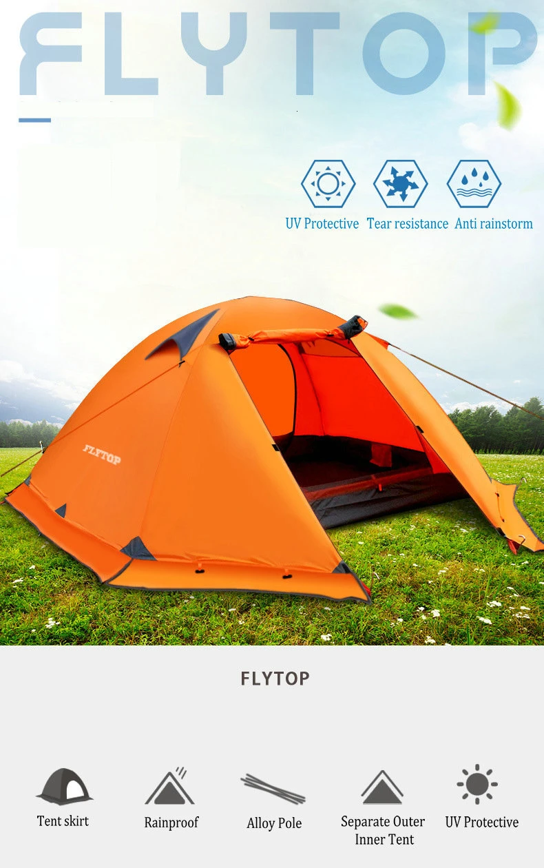 FLYTOP 4-сезонная туристическая палатка, двухслойная алюминиевая палатка для кемпинга, зимняя ветрозащитная Водонепроницаемая семейная палатка для 2-4 человек