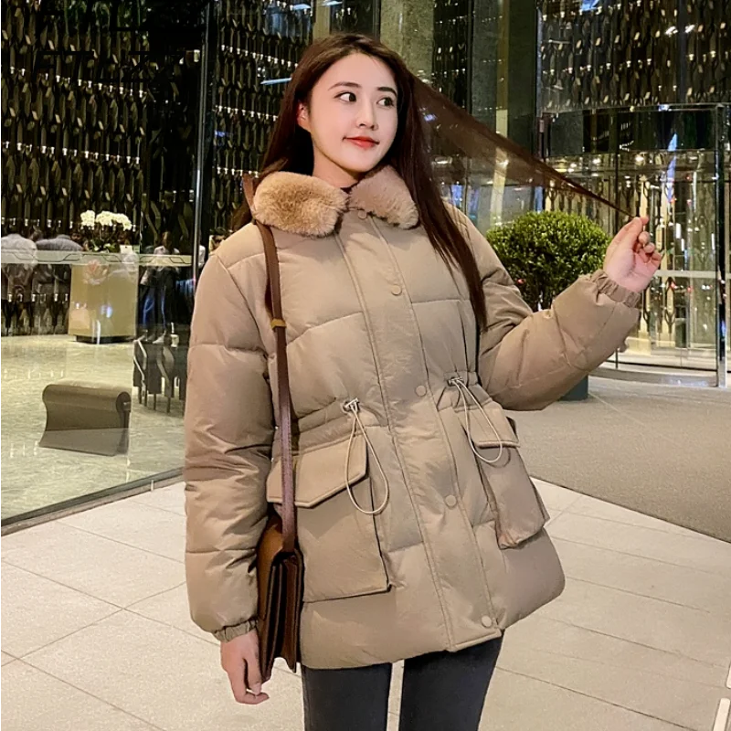 

New Women Warm Puffer Jacket Winter Slim Drawstring Fur Turn Down Collar Thick Bubble Coat Female Korean Fashion Outwear Parkas