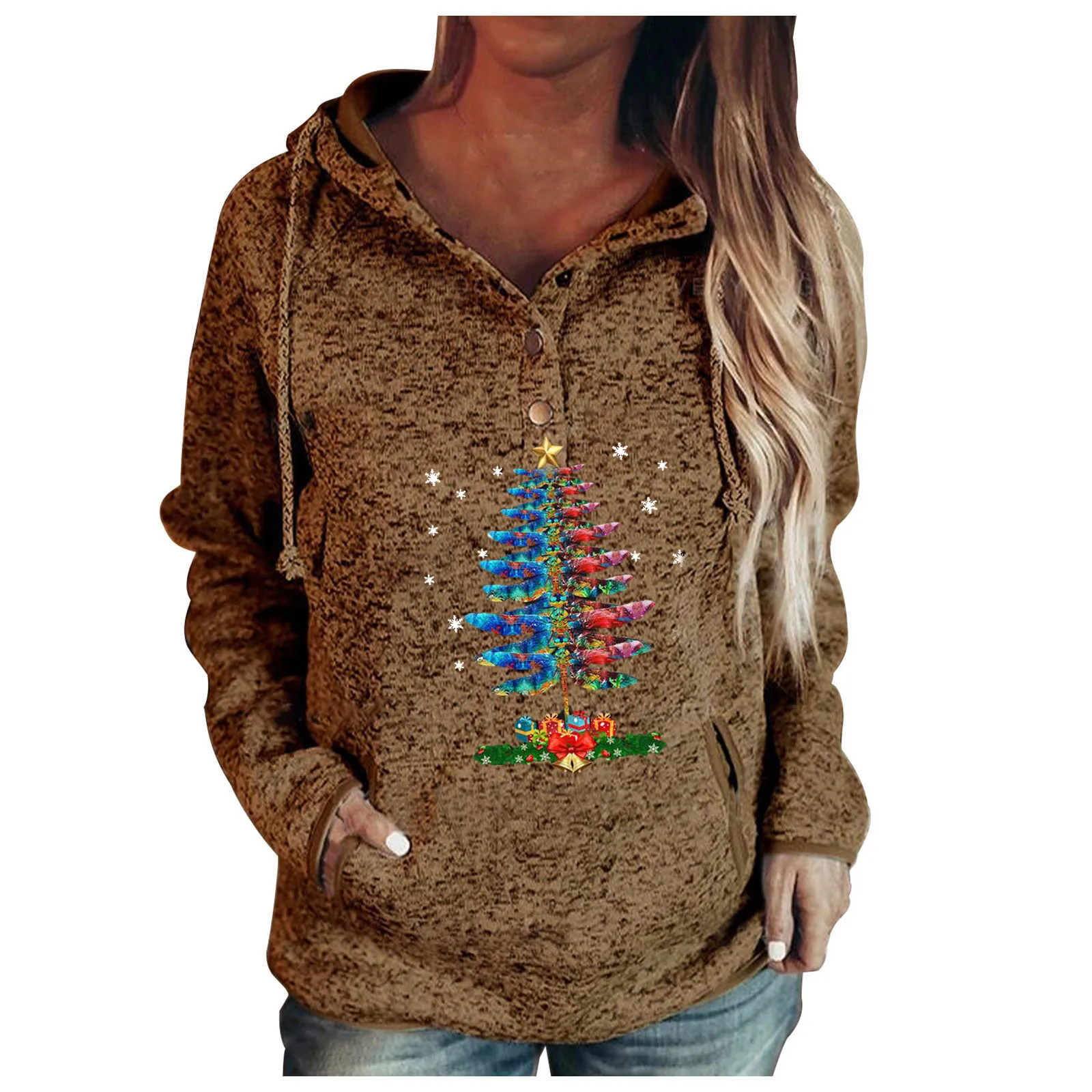 

Lovely Print Hoodies Hoodies Women Buttons Collar Hooded Sweatshirt Pullover Pockets Drawstring Top Sudaderas