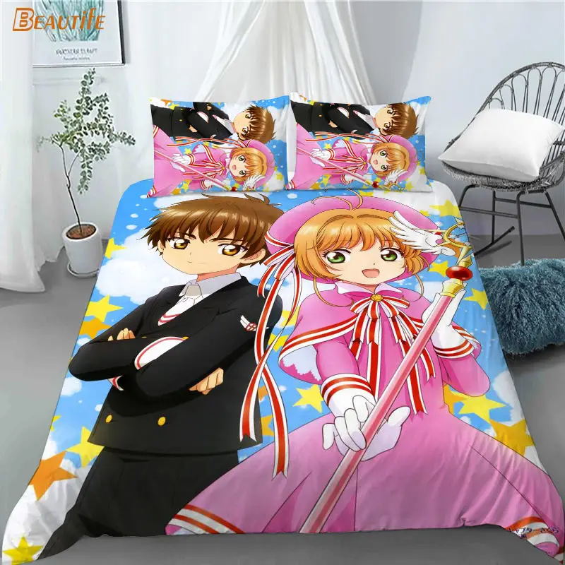 Funda de edred&oacute;n personalizada Sakura Cardcaptor Anime 1, 2 fundas de almohada, juego de ropa de cama de tela de poli&eacute;ster, conjunto de edred&oacute;n para Familia y Chico-0