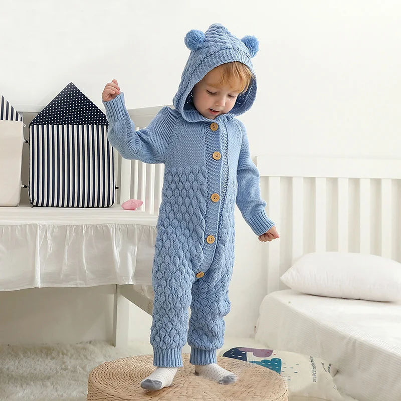 Детские вязаные комбинезоны с мультяшным медведем Осенние для новорожденных