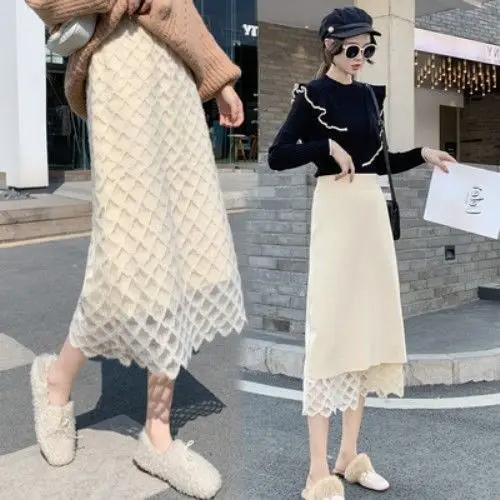 

Vintage Lace Knitted Midi Skirt Women Autumn Winter Elegant Solid A Line High Waist Pleated Long Skirt Female Lady W105