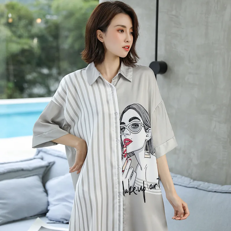 

Summer New Satin Sleepwear Intimate Lingerie Sheepshirt Printed Women Nightwear Home Dressing Gown Casual Homewear Nightgown