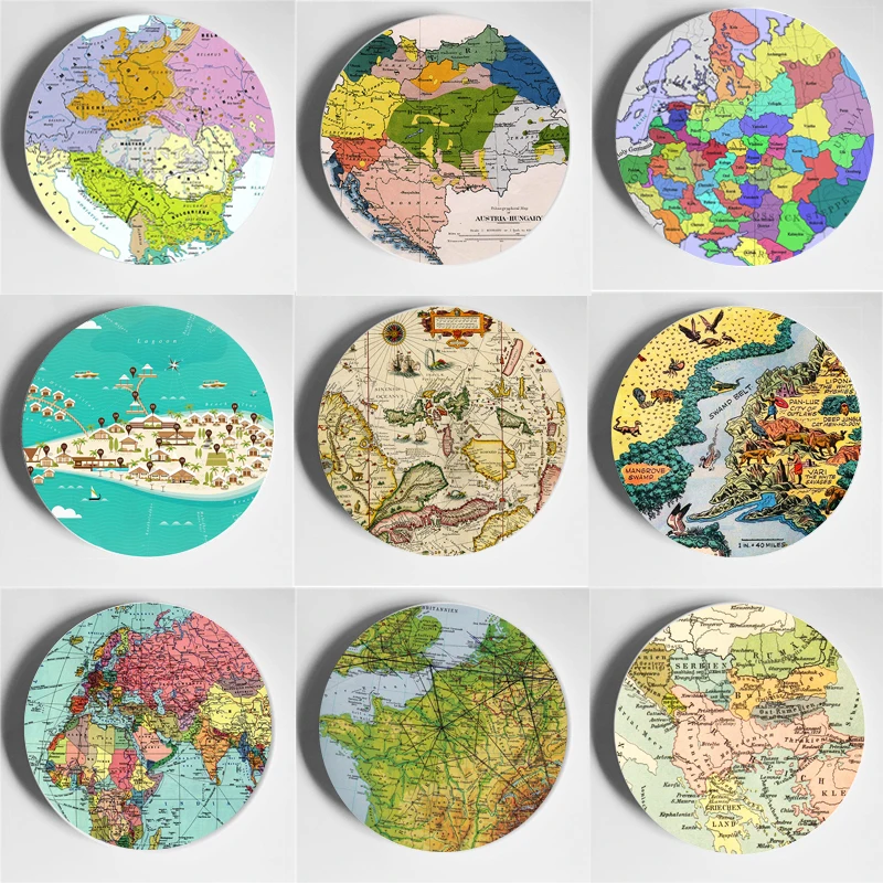 

Map Drawing Art Plate Creative Handmade Wall Decorative Plate European Style Wall Display Decoration Crafts Home Living Room