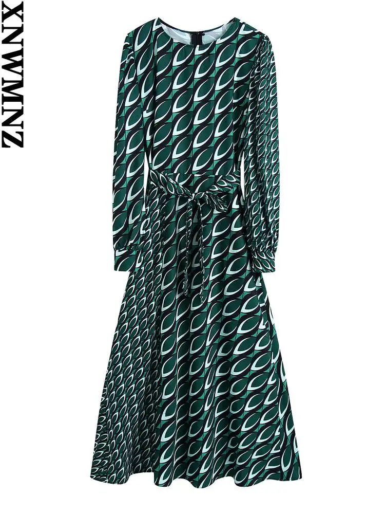 

XNWMNZ вечерние платья для женщин za Мода с поясом принт миди платье Винтаж o шеи с длинным рукавом Женские платья vestidos mujer