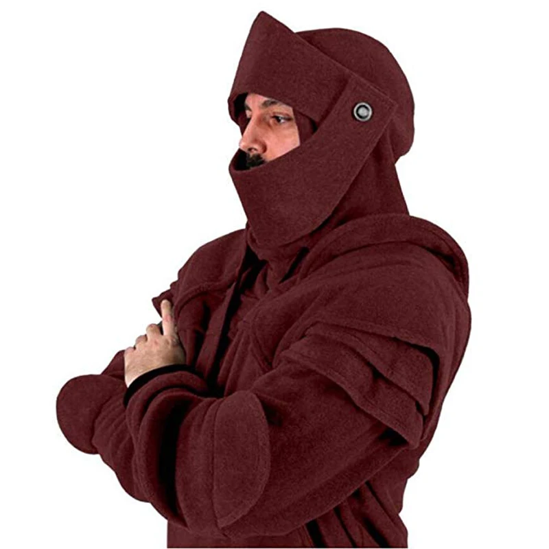wine red Плюс размер XXXL XXL новинка Мужская Ретро Solider маска локоть Кнопка пуловер длинный рукав с капюшоном Толстовка пальто - Цвет: wine red