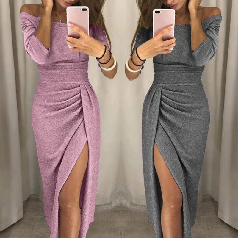 

Sexy One Off Shoulder Dresses Sequined Strap Backless Split Long Dress Fashion Fall 2022 Elegant Ladies Party Club Dresses