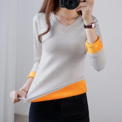 V-neck Gray Размера плюс M-4XL теплая дутая куртка золото бархатные Нижние рубашки Для женщин Зимняя кофта с длинными рукавами и высоким воротником Термальность формирующее белье боди, пижамный комплект - Цвет: V-neck Gray