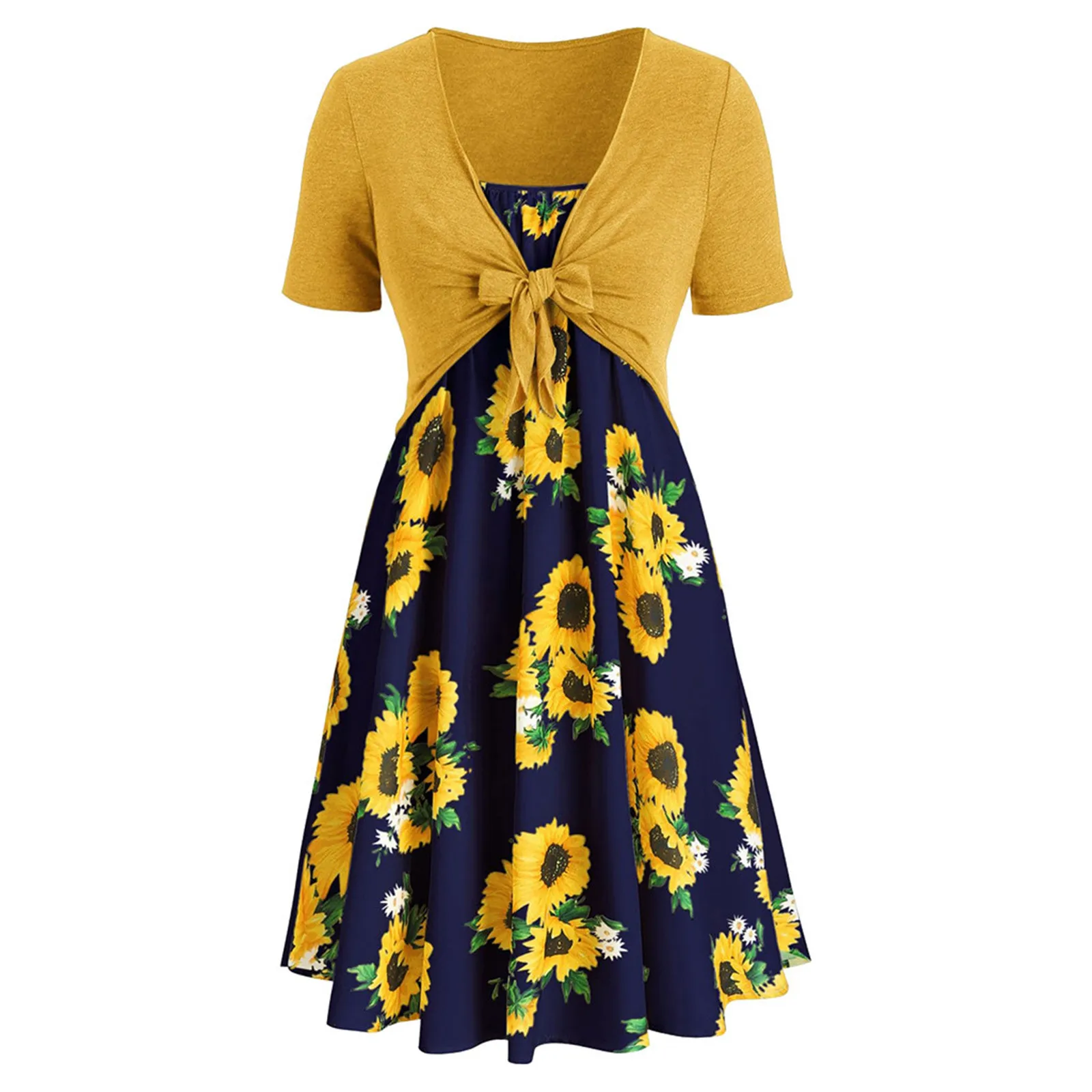 

Dress Two Piece Suit Women Short Sleeve Bow Knot Bandage Top Sunflower Print Short Mini Dress Suit Dresses Sundress שמלות נשים