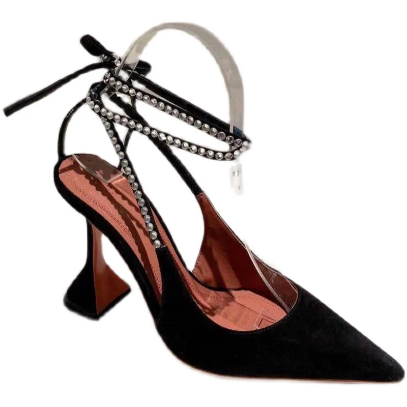 

2021 Summer New Pointed High Heel Women's Shoes Closed Toe Wine Cup Heel Rhinestone Ankle Strap Fashion Sandals