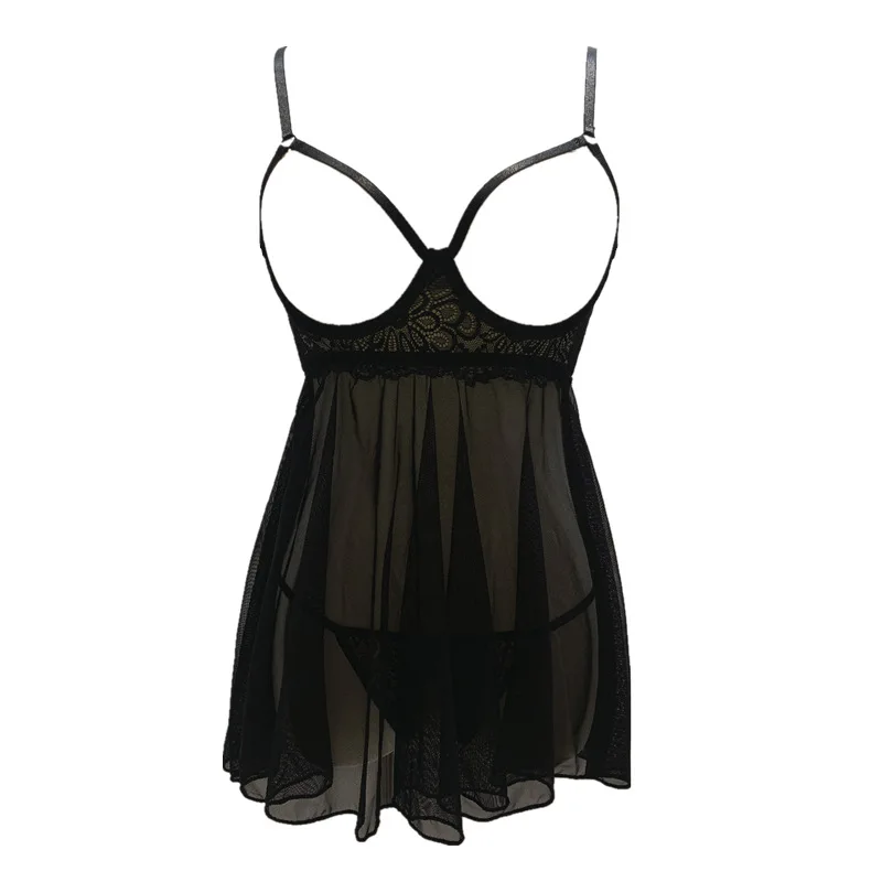 

Черная тонкая ночная рубашка, сексуальная прозрачная Тюлевая короткая юбка на бретелях со стальными кольцами, ажурный пижамный комплект из...