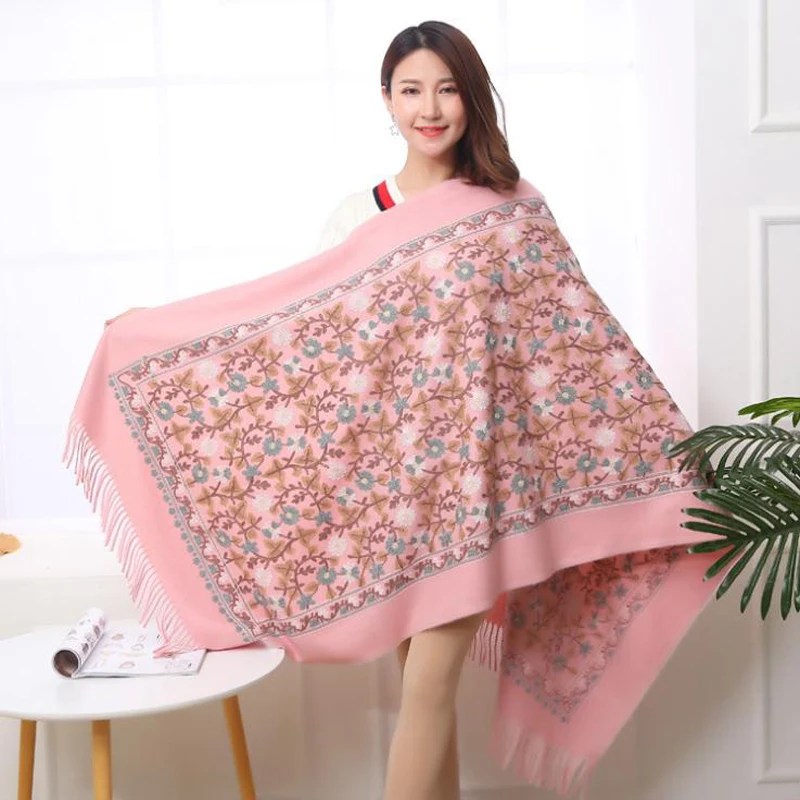 

Chinese Ethical Style Thickening Retro Flower Edging Scarf Shawl Warm And Soft Scarf New Vintage Women Floral Embroidery Scarf