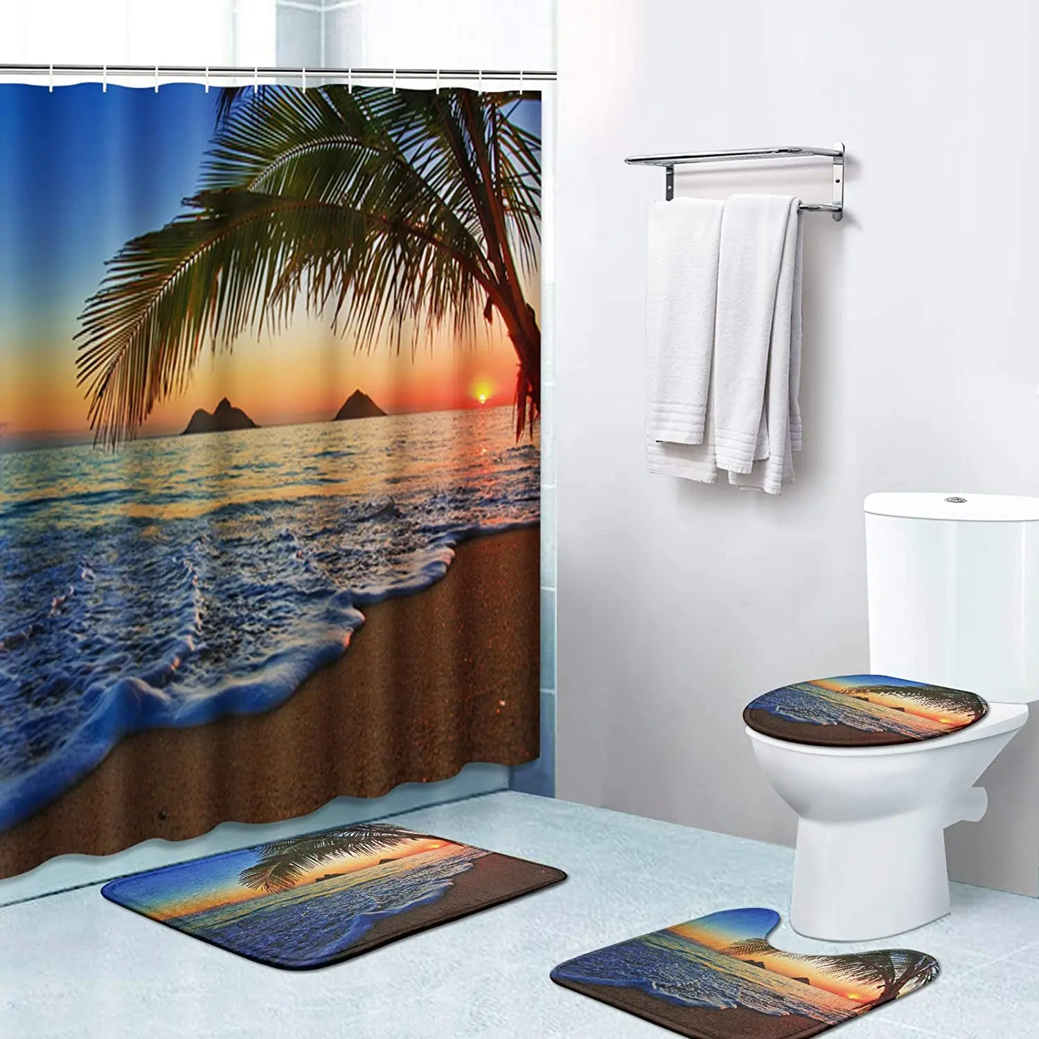 

Beach Sunset Print Shower Curtain Set Carpet Cover Toilet Cover Bathroom Mat Cushion Cover Bathroom Curtain Household