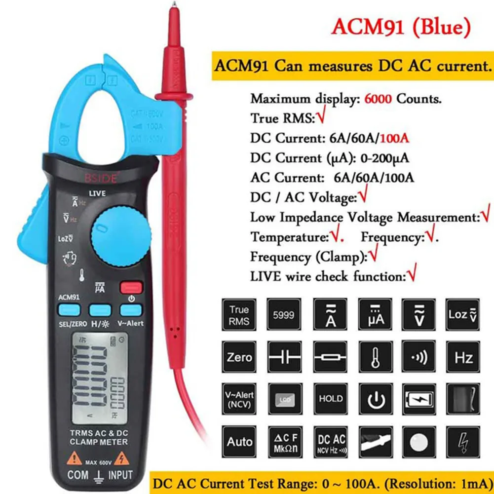 

ACM91 1mA Clamp Meter AC/DC Low Current True RMS Auto-Ranging 6000 Counts Live Available Auto Repair Clamp Multimeter Power Tool