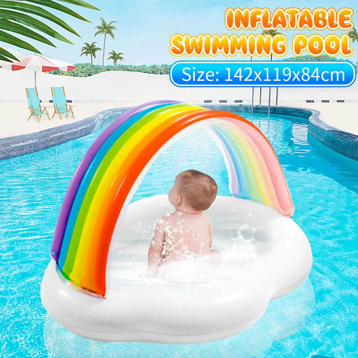 

Portable Rainbow Shape Inflatable Baby Beach Swimming Pool Floating Seat Boat Pool Toy Safe Home Use Play Pool For Children Gift