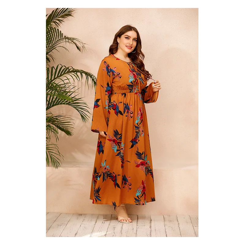 

2021 spring new plus size women's long-sleeved printed loose dress fashion foreign style oversized Lace elastic waist long skirt