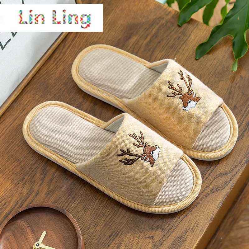 

House Women Hemp Slippers Cute Cartoon Deer Pattern Bedroom Cotton Flat Couples Shoes Spring Autumn Home Ladies Slippers