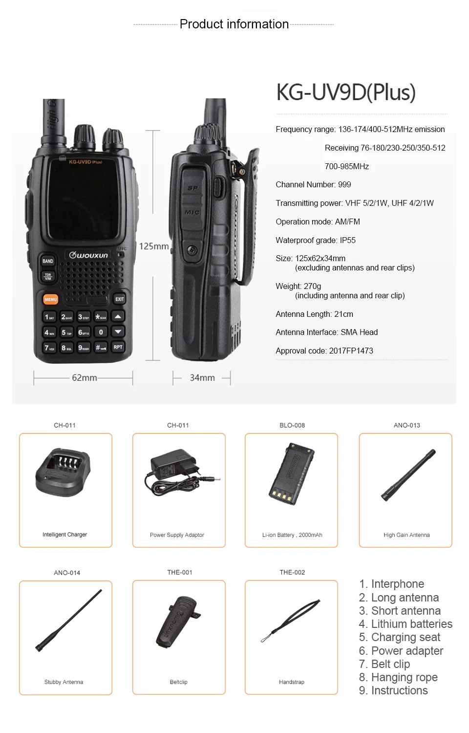 Wouxun KG-UV9D Plus Walkie Talkie CB радиостанция приемопередатчик многодиапазонный Воздушный диапазон частоты 108-136 МГц полицейский 350-390 МГц UV-9R