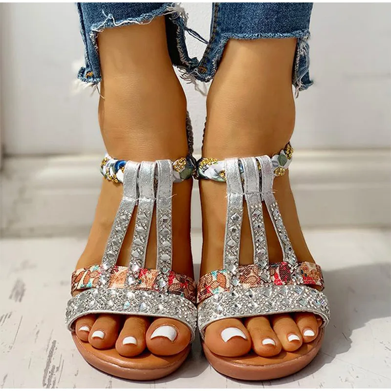 

Bohemian Slope Heel Sandals Female Summer 2021 New Fashion Seaside Vacation Leisure Rhinestone Open-toed Beach Sandals
