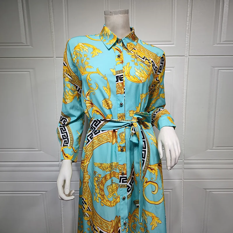 Длинная юбка с этническим принтом женское однобортное платье рубашка лацканами