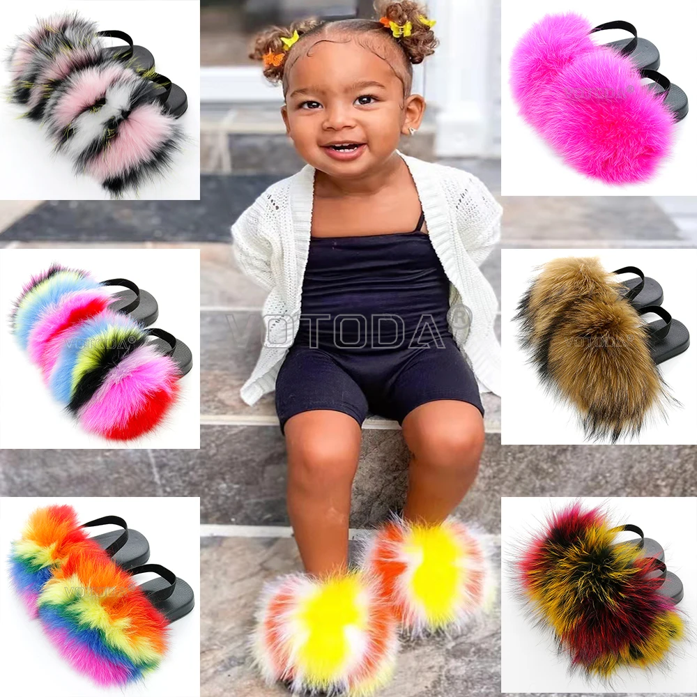 Fur Slides For Kids Furry Children Real Fur Slippers Strap Fluffy Raccoon Flip Flops Baby Sandals Girls Cute Funny Shoes Toddler