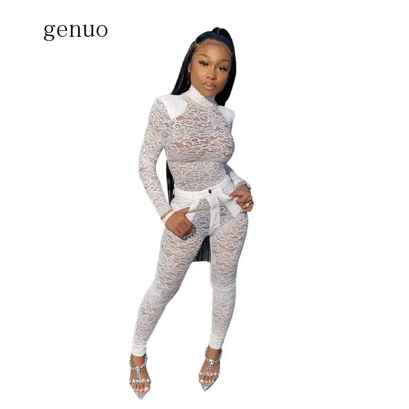 

Sexy Lace Mesh Sheer Two Piece Set 2020 Spring Clothes Top And Pant Suits Club Birthday Outfits For Women Matching Sets