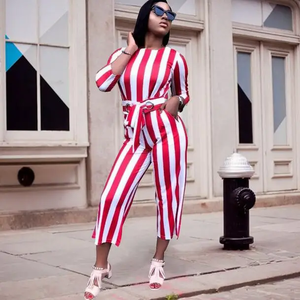 Осенние полосатые комбинезоны для женщин 2019 с рукавом три четверти офисная