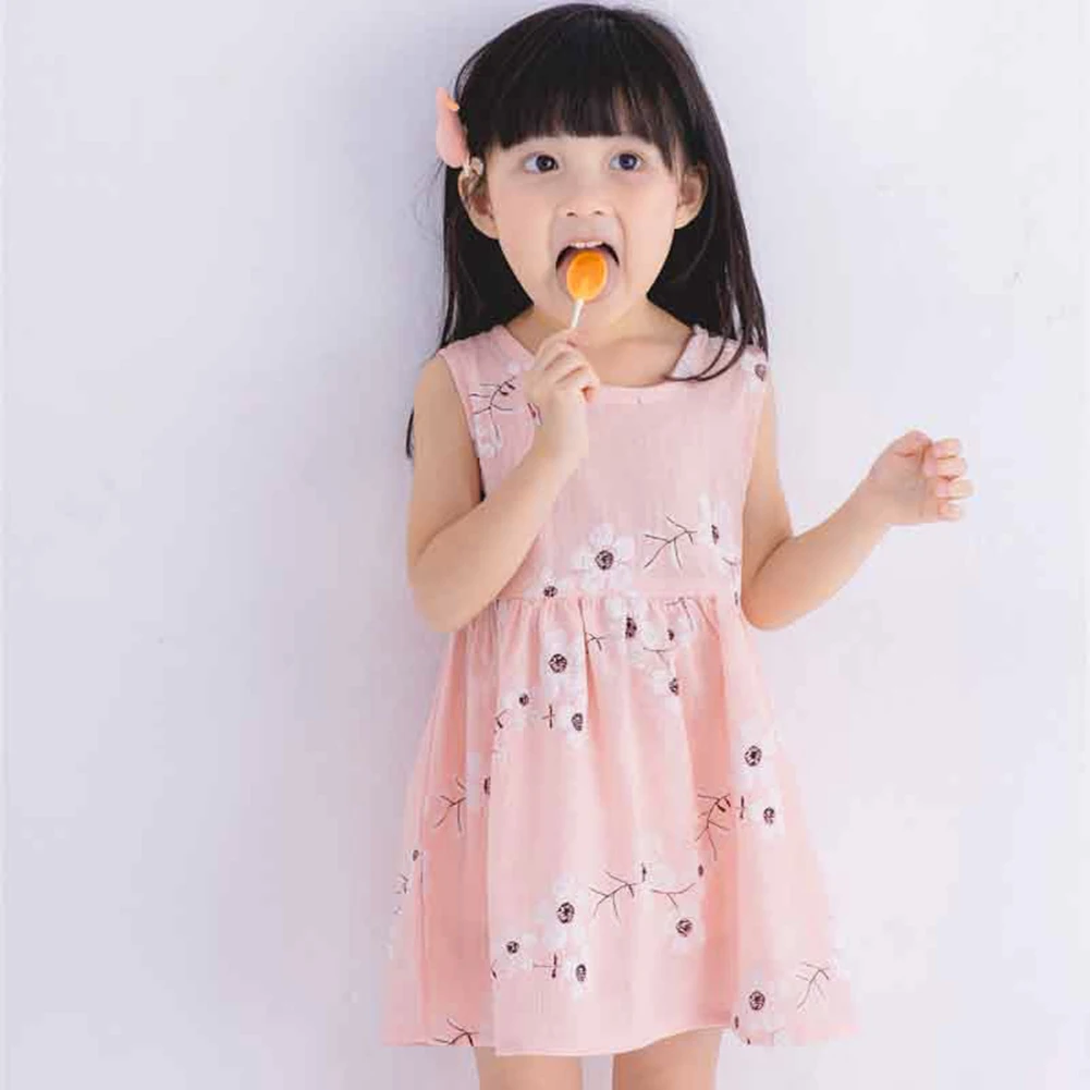 Детское платье из хлопка и льна без рукавов с цветочным принтом | Детская одежда