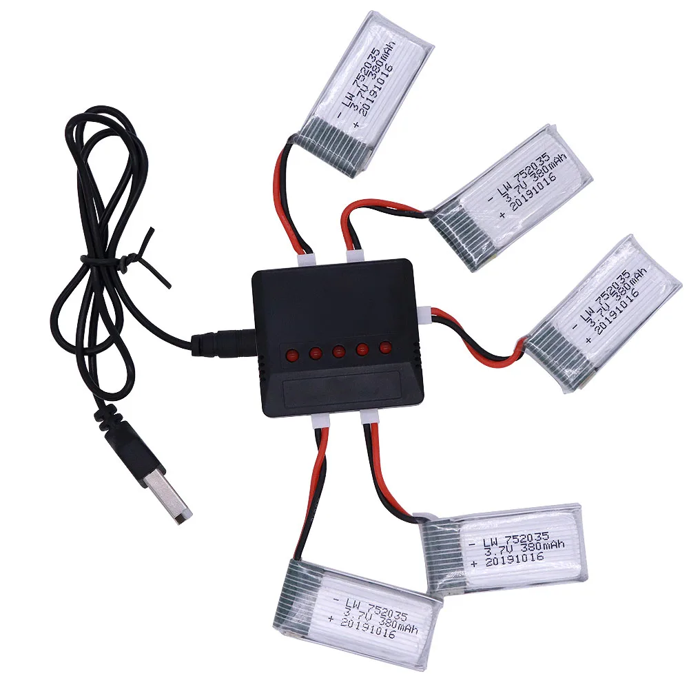 

3.7V 380mAh Lipo Battery and (5 in 1)Charger Spare Parts For Hubsan X4 H107 H107L H107D JD385 JD388 RC Drone Battery 752035 25C