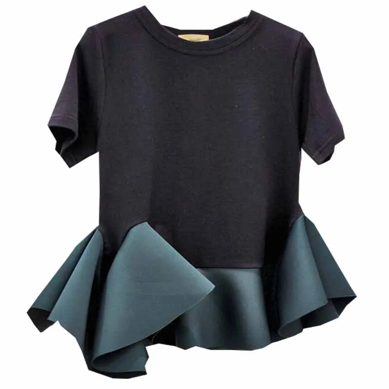 

Black Stitching Ruffled Short-Sleeved T-Shirt Women's Summer Dress New Korean Office Lady Student Chic Tees GD
