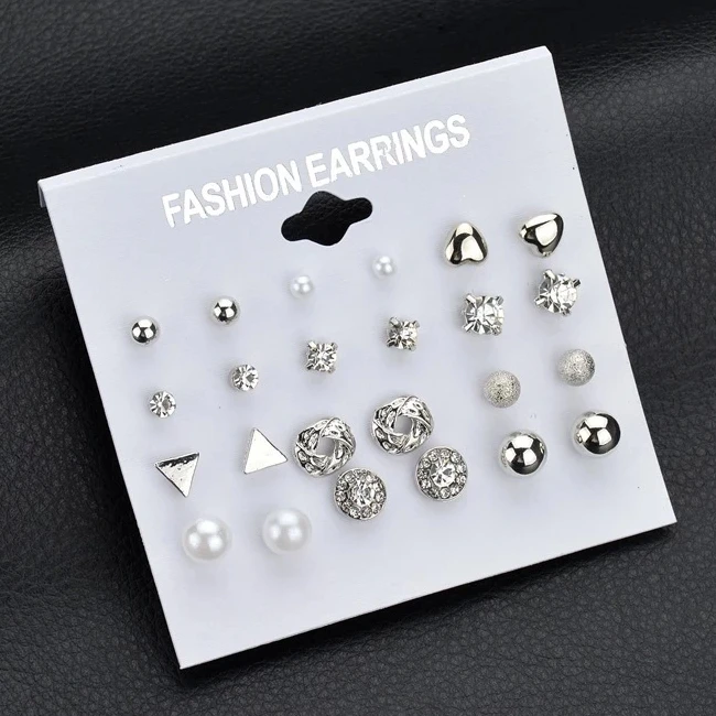 

12 Pairs/package Metal Gold Double Stud Earrings Crystal Set Ladies Flower Luxury Pierced Earrings Elegant Earrings Set