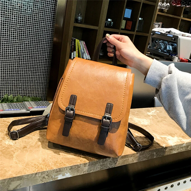 

2021 Korean Matte Woemn Backpack Female Oil Leather Retro Casual Shoulder Slung Backpack Women Wild Travel Mini Backpack