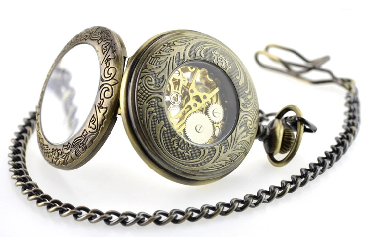 2019 Bronze Steampunk Pocket Watch Retro Mechanical Pocket Watches Skeleton Vintage Pocket Fob Watch Chain