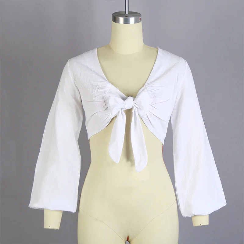 

Women Short Bandage Crop Tops Lantern Long Sleeve Sexy Ladies Splicing Bow White Shirt Summer Fashion Slim Streetwear Clothes