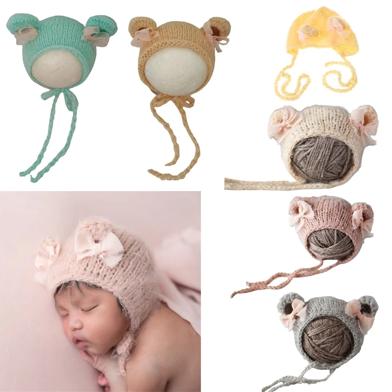 W3JF Newborn Photography Props Cute Crochet Mohair Hat Baby Bowknot Knitted Beanies Cap Infants Photo Shooting Accessories Gift | Детская