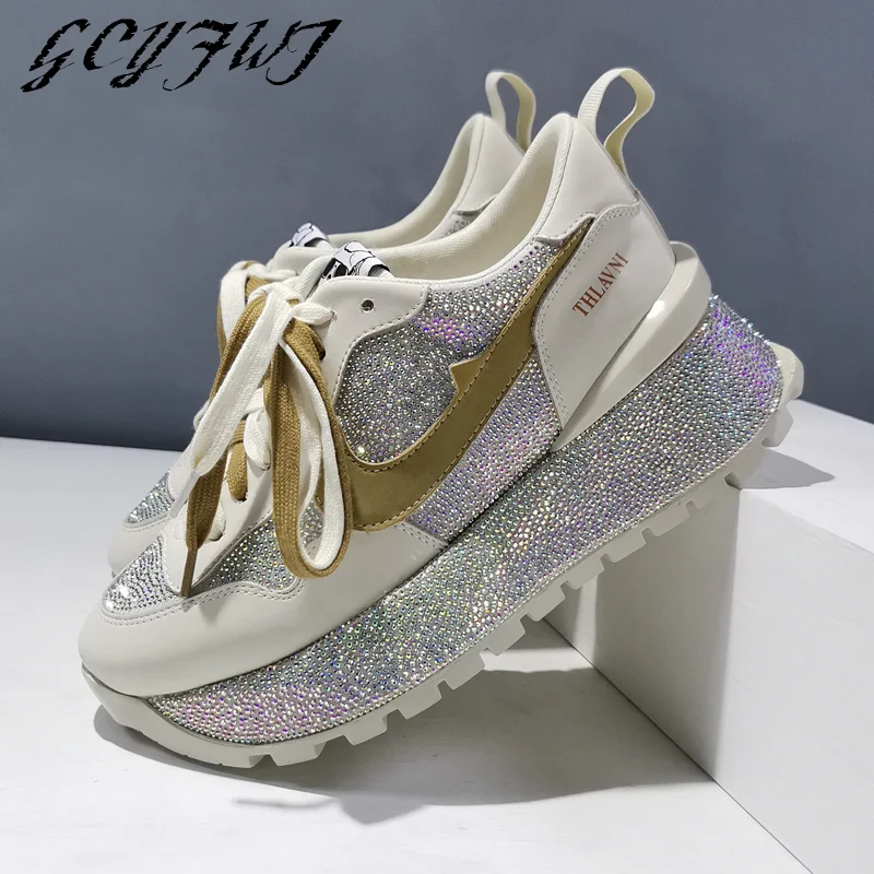 

Кроссовки женские на платформе, на шнуровке, со стразами, на толстой подошве, повседневная обувь для банкета, летние